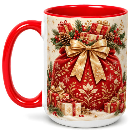 #pl[15oz|Red] Red Christmas Sack Coffee Mug, Holiday Bow Mug, Ceramic Cup