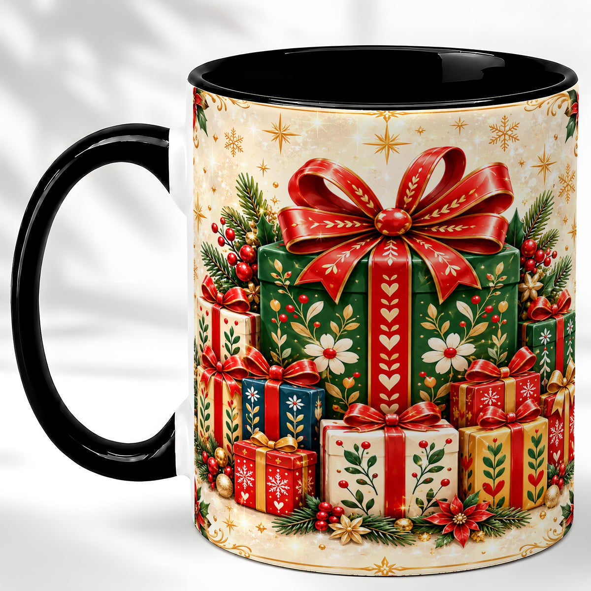 #pl[11oz|Black] Christmas Present Stack Coffee Mug, Holiday Parcel Mug, Ceramic Cup