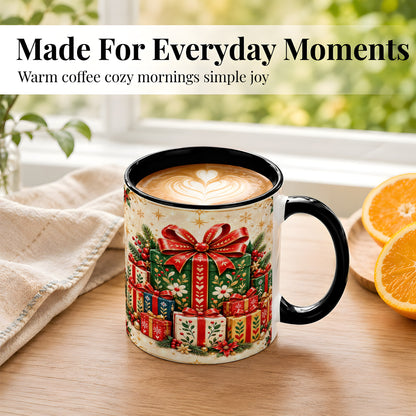 #pl[11oz|Black] Christmas Present Stack Coffee Mug, Holiday Parcel Mug, Ceramic Cup