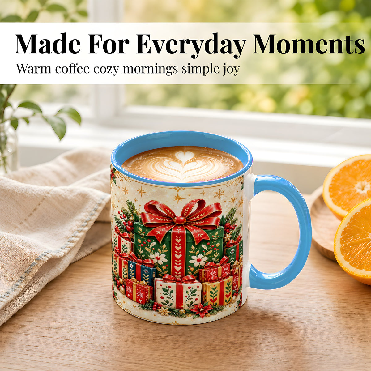 #pl[11oz|Blue] Christmas Present Stack Coffee Mug, Holiday Parcel Mug, Ceramic Cup