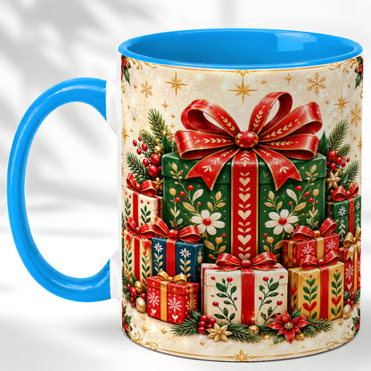#pl[11oz|Blue] Christmas Present Stack Coffee Mug, Holiday Parcel Mug, Ceramic Cup