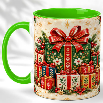 #pl[11oz|Green] Christmas Present Stack Coffee Mug, Holiday Parcel Mug, Ceramic Cup