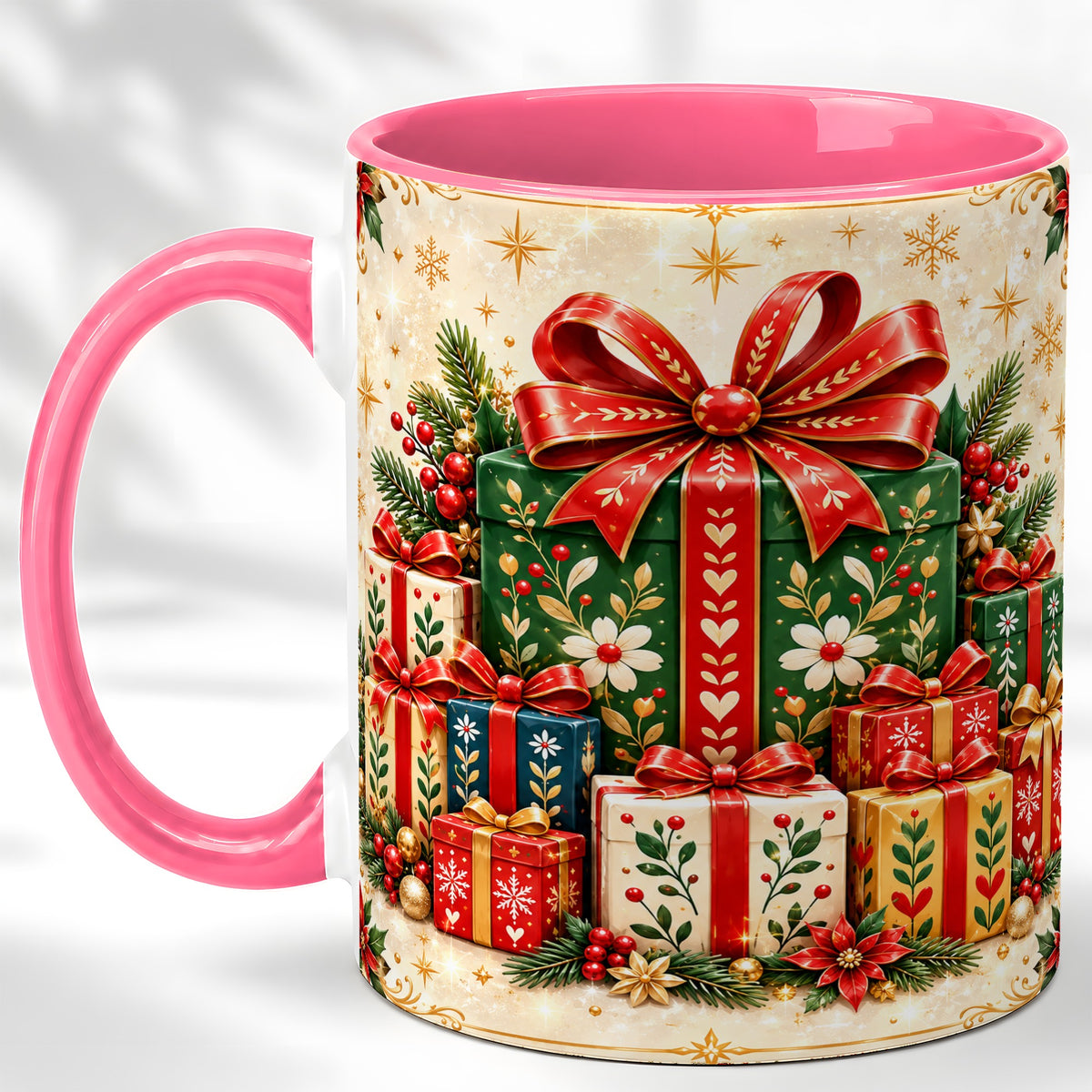 #pl[11oz|Pink] Christmas Present Stack Coffee Mug, Holiday Parcel Mug, Ceramic Cup
