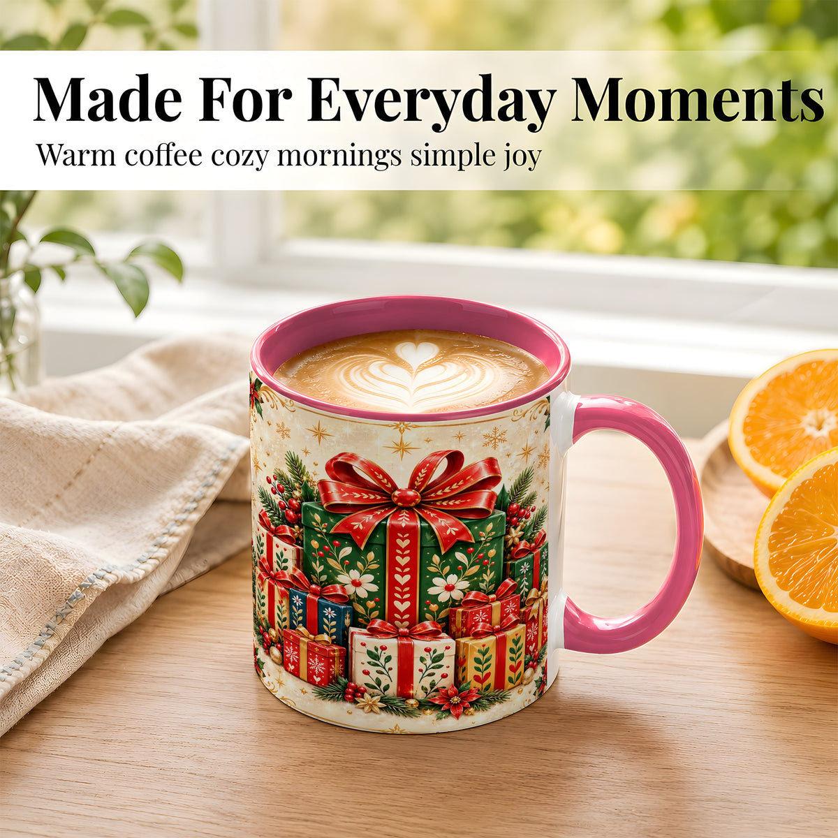 #pl[11oz|Pink] Christmas Present Stack Coffee Mug, Holiday Parcel Mug, Ceramic Cup