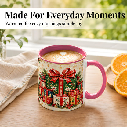 #pl[11oz|Pink] Christmas Present Stack Coffee Mug, Holiday Parcel Mug, Ceramic Cup