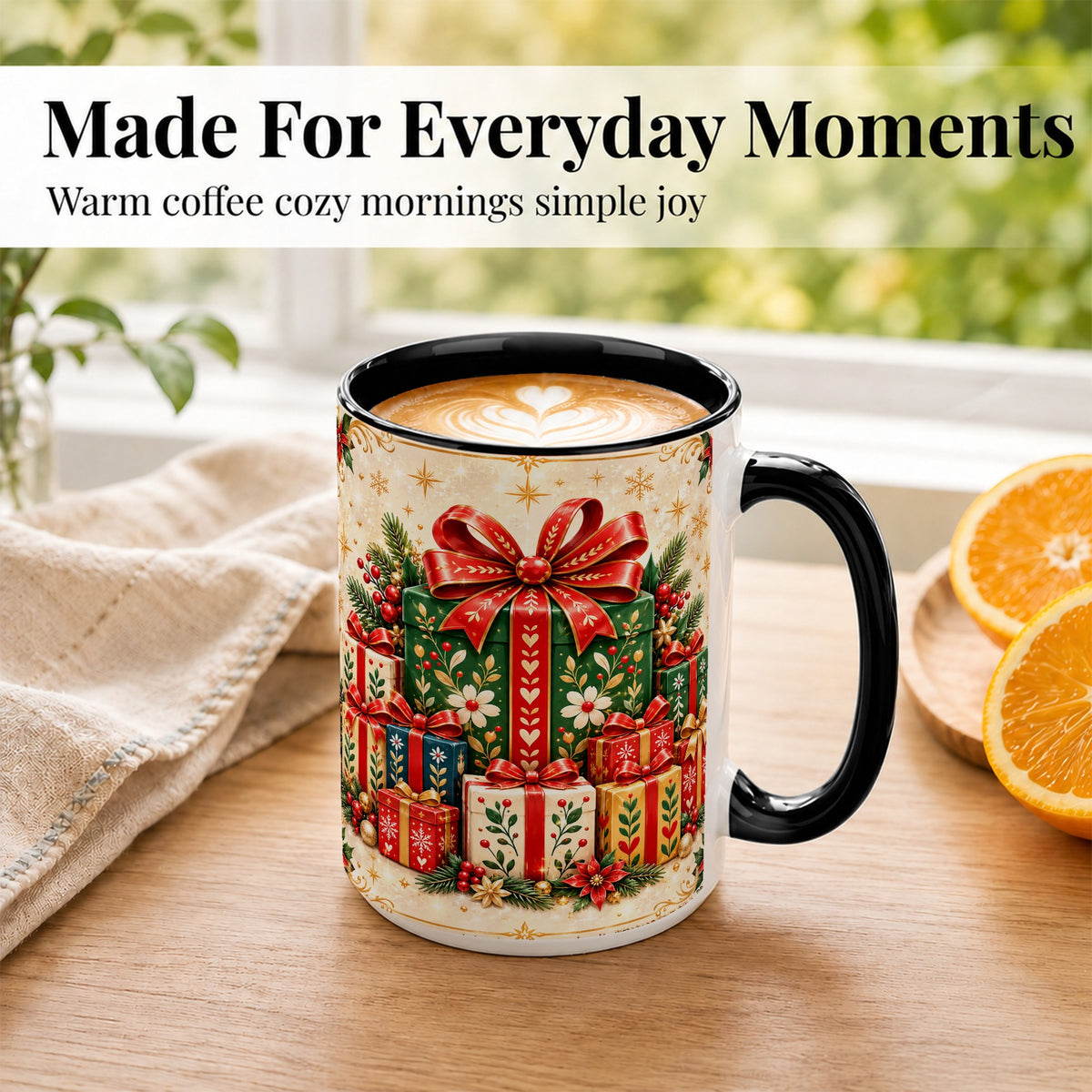 #pl[15oz|Black] Christmas Present Stack Coffee Mug, Holiday Parcel Mug, Ceramic Cup