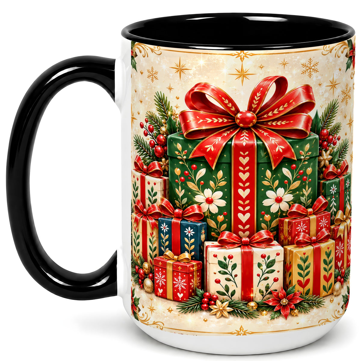 #pl[15oz|Black] Christmas Present Stack Coffee Mug, Holiday Parcel Mug, Ceramic Cup