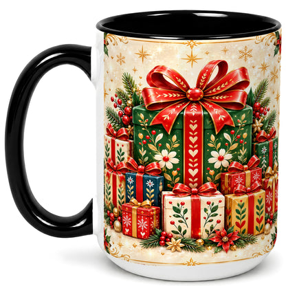 #pl[15oz|Black] Christmas Present Stack Coffee Mug, Holiday Parcel Mug, Ceramic Cup