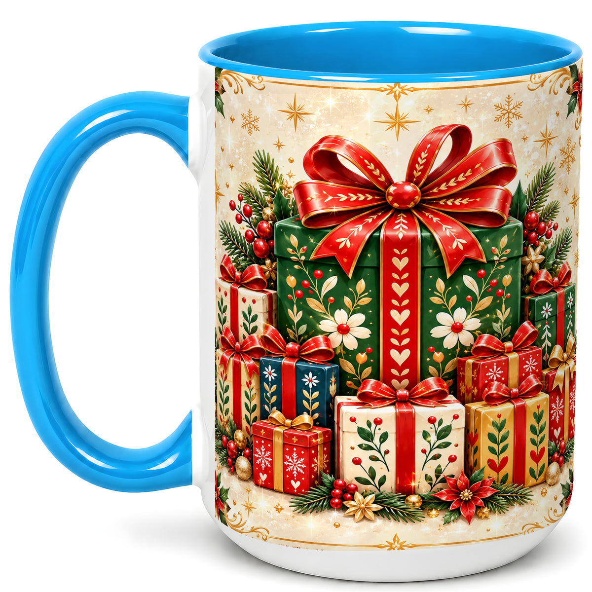 #pl[15oz|Blue] Christmas Present Stack Coffee Mug, Holiday Parcel Mug, Ceramic Cup