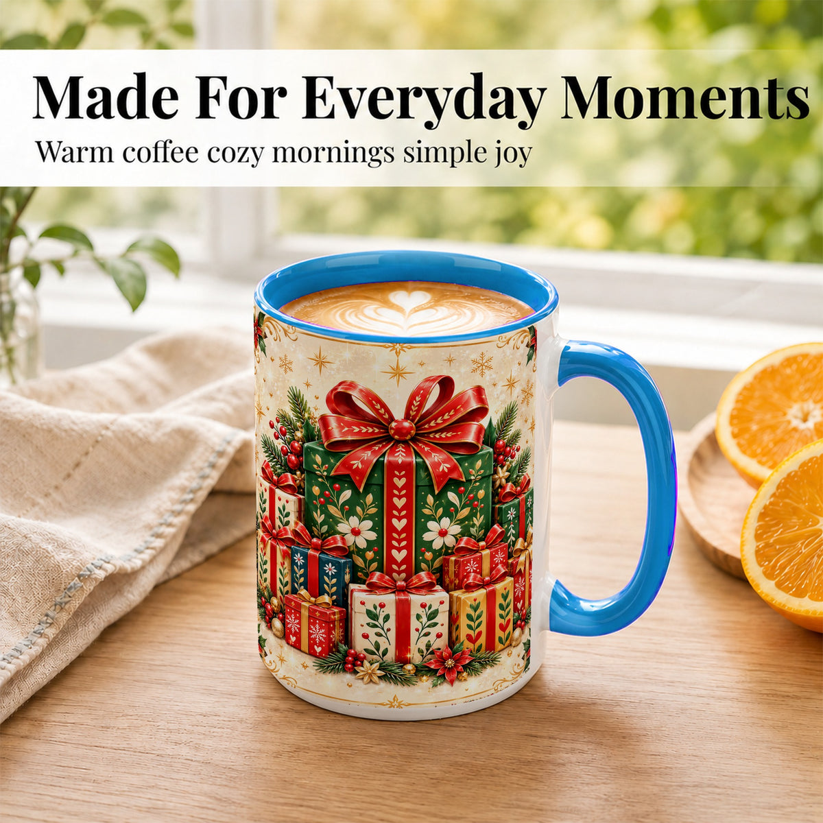 #pl[15oz|Blue] Christmas Present Stack Coffee Mug, Holiday Parcel Mug, Ceramic Cup
