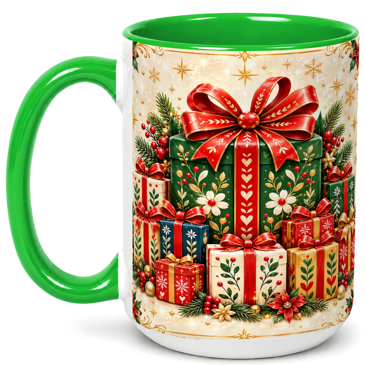 #pl[15oz|Green] Christmas Present Stack Coffee Mug, Holiday Parcel Mug, Ceramic Cup