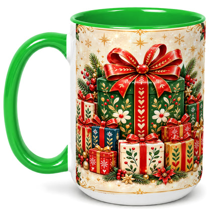 #pl[15oz|Green] Christmas Present Stack Coffee Mug, Holiday Parcel Mug, Ceramic Cup