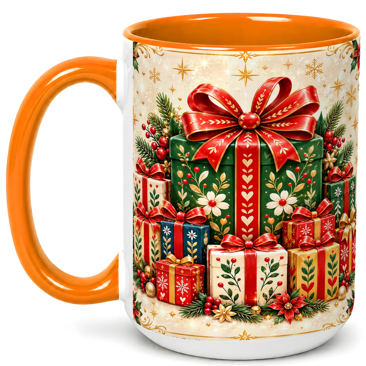 #pl[15oz|Orange] Christmas Present Stack Coffee Mug, Holiday Parcel Mug, Ceramic Cup