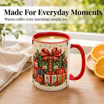 #pl[15oz|Red] Christmas Present Stack Coffee Mug, Holiday Parcel Mug, Ceramic Cup
