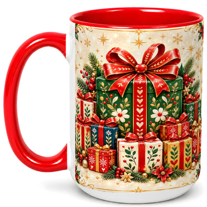 #pl[15oz|Red] Christmas Present Stack Coffee Mug, Holiday Parcel Mug, Ceramic Cup