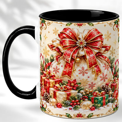 #pl[11oz|Black] Christmas Present Sack Coffee Mug, Festive Bow Mug, Ceramic Cup