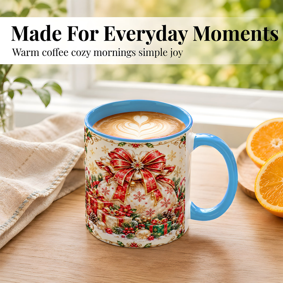 #pl[11oz|Blue] Christmas Present Sack Coffee Mug, Festive Bow Mug, Ceramic Cup