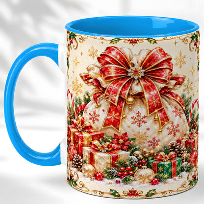 #pl[11oz|Blue] Christmas Present Sack Coffee Mug, Festive Bow Mug, Ceramic Cup