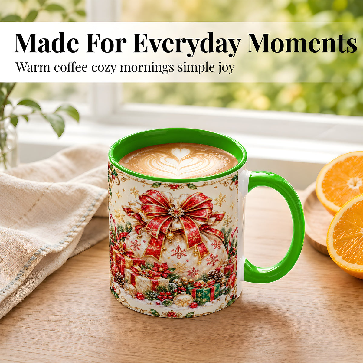 #pl[11oz|Green] Christmas Present Sack Coffee Mug, Festive Bow Mug, Ceramic Cup