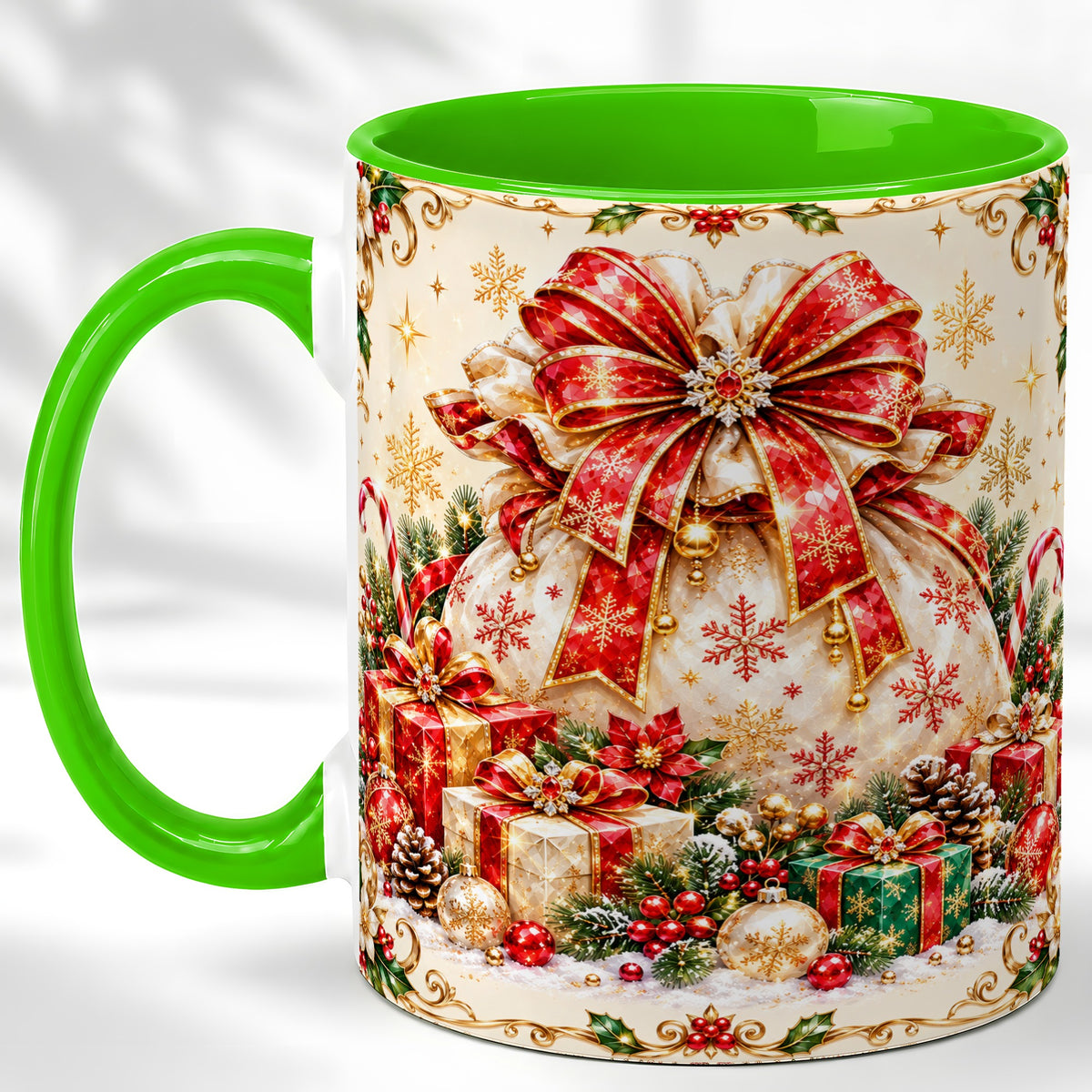 #pl[11oz|Green] Christmas Present Sack Coffee Mug, Festive Bow Mug, Ceramic Cup