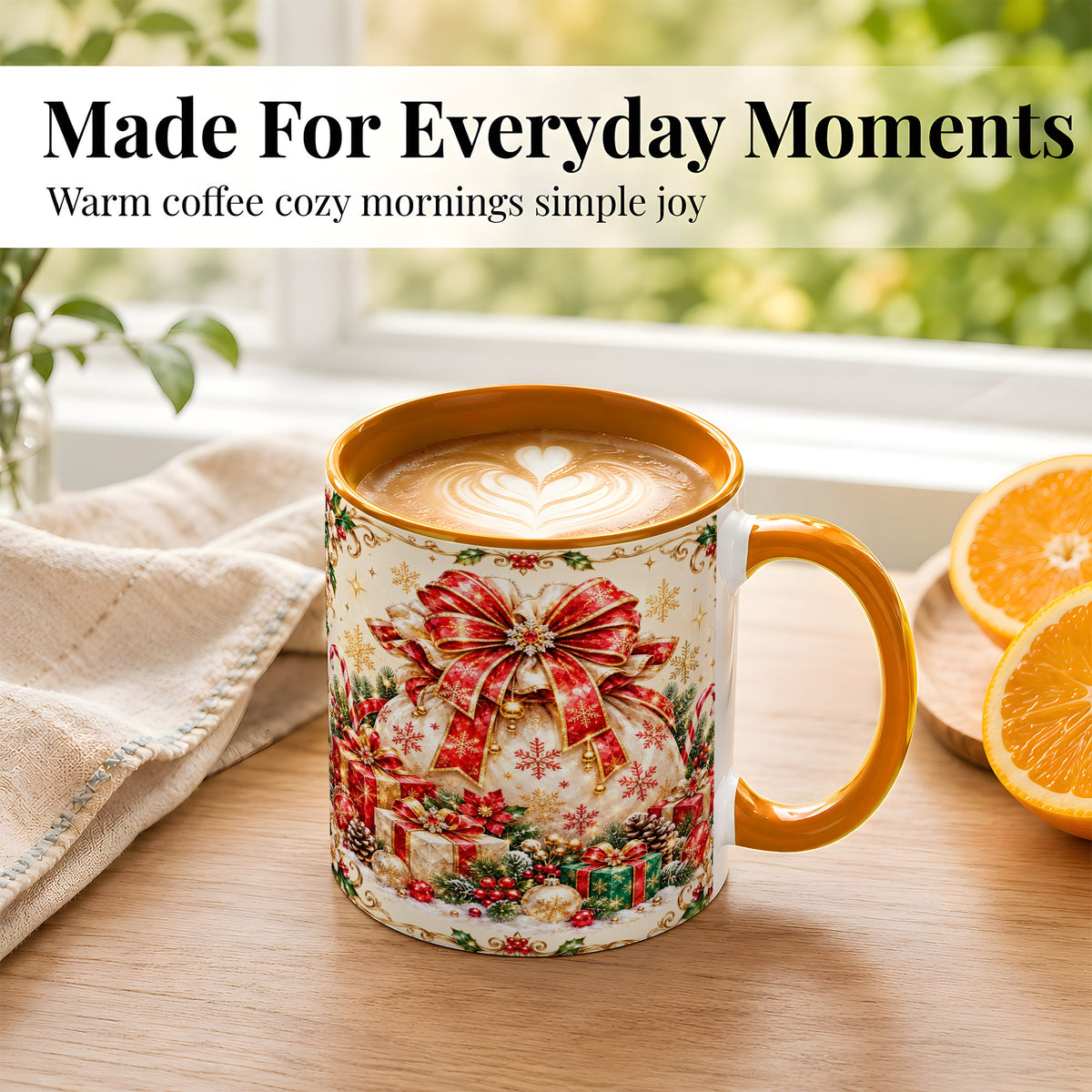 #pl[11oz|Orange] Christmas Present Sack Coffee Mug, Festive Bow Mug, Ceramic Cup