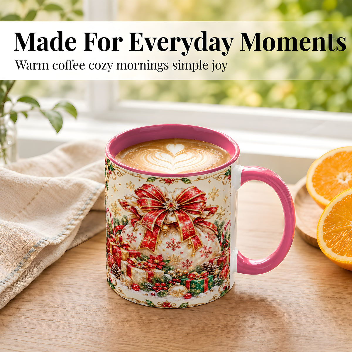 #pl[11oz|Pink] Christmas Present Sack Coffee Mug, Festive Bow Mug, Ceramic Cup