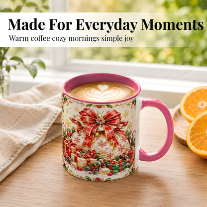 #pl[11oz|Pink] Christmas Present Sack Coffee Mug, Festive Bow Mug, Ceramic Cup