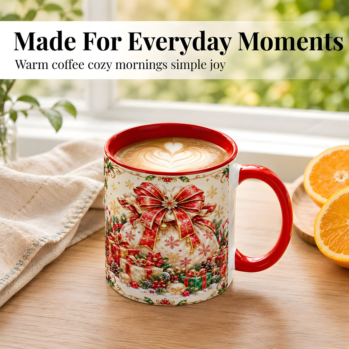 #pl[11oz|Red] Christmas Present Sack Coffee Mug, Festive Bow Mug, Ceramic Cup