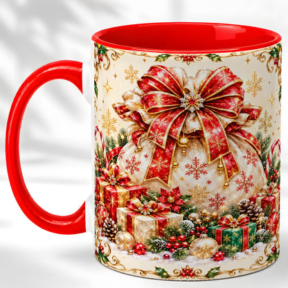 Christmas Present Sack Coffee Mug, Festive Bow Mug, Ceramic Cup