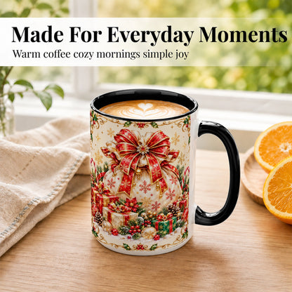 #pl[15oz|Black] Christmas Present Sack Coffee Mug, Festive Bow Mug, Ceramic Cup
