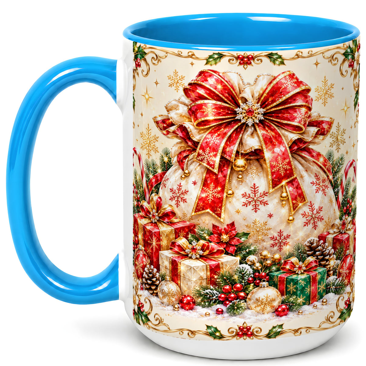 #pl[15oz|Blue] Christmas Present Sack Coffee Mug, Festive Bow Mug, Ceramic Cup