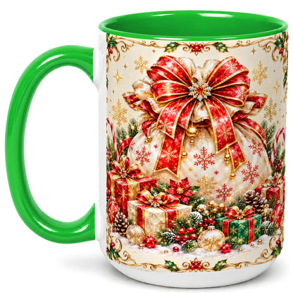#pl[15oz|Green] Christmas Present Sack Coffee Mug, Festive Bow Mug, Ceramic Cup