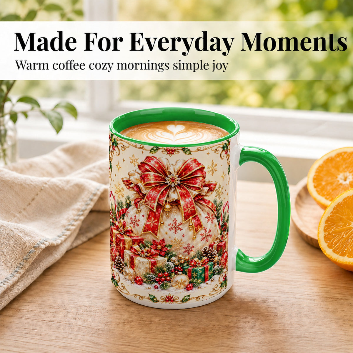 #pl[15oz|Green] Christmas Present Sack Coffee Mug, Festive Bow Mug, Ceramic Cup