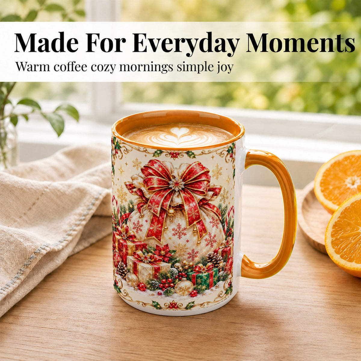 #pl[15oz|Orange] Christmas Present Sack Coffee Mug, Festive Bow Mug, Ceramic Cup