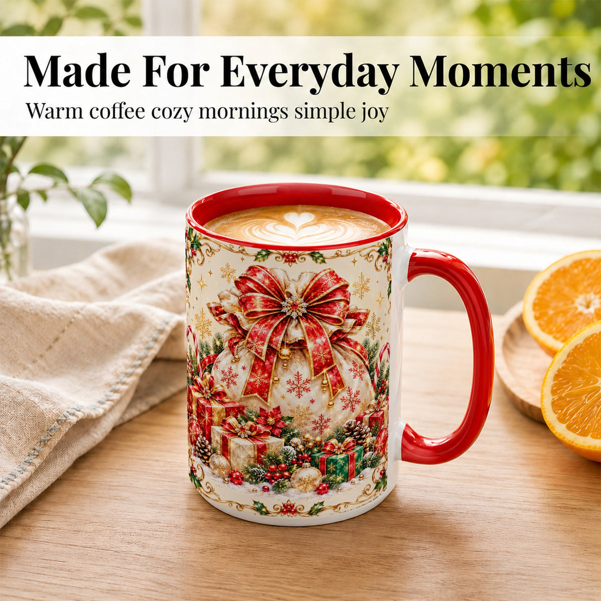 #pl[15oz|Red] Christmas Present Sack Coffee Mug, Festive Bow Mug, Ceramic Cup