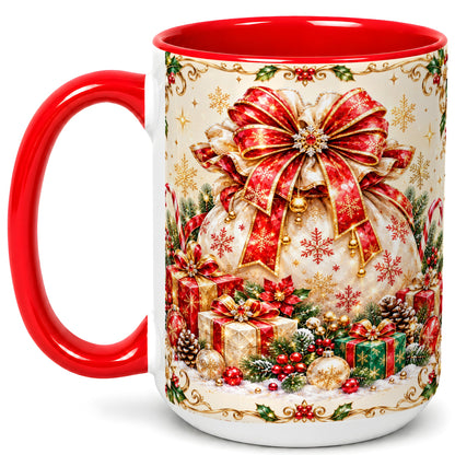 #pl[15oz|Red] Christmas Present Sack Coffee Mug, Festive Bow Mug, Ceramic Cup