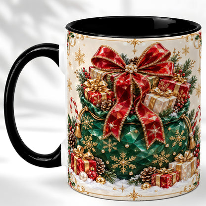 #pl[11oz|Black] Christmas Present Sack Coffee Mug, Holiday Bow Mug, Ceramic Cup