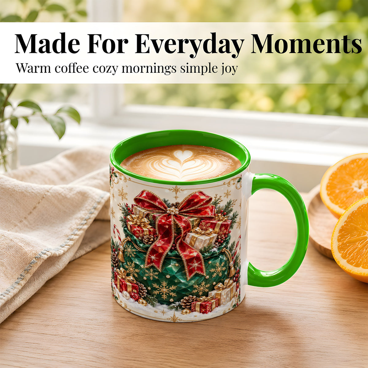#pl[11oz|Green] Christmas Present Sack Coffee Mug, Holiday Bow Mug, Ceramic Cup