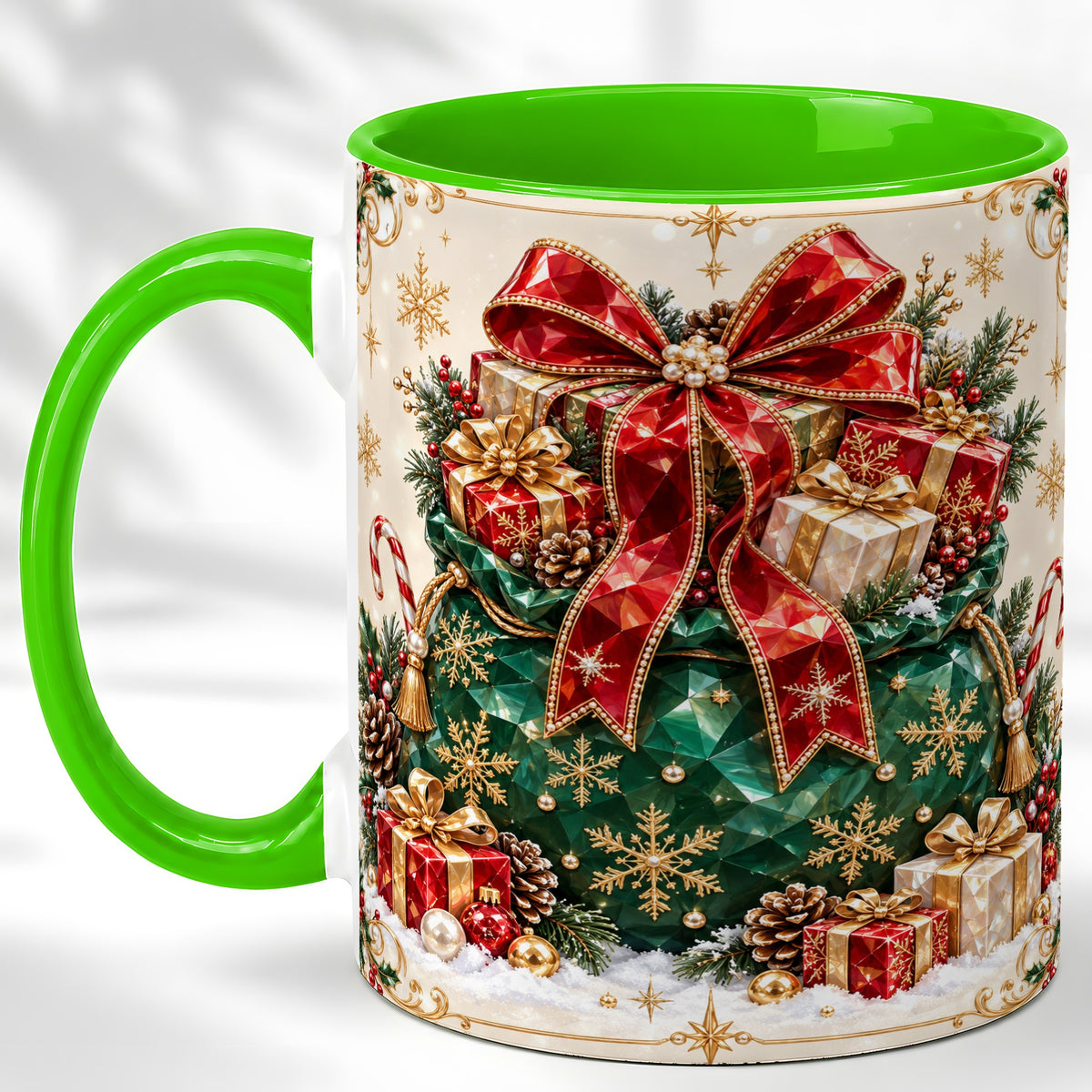 #pl[11oz|Green] Christmas Present Sack Coffee Mug, Holiday Bow Mug, Ceramic Cup