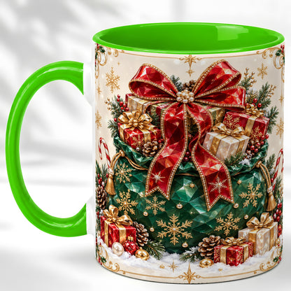 #pl[11oz|Green] Christmas Present Sack Coffee Mug, Holiday Bow Mug, Ceramic Cup