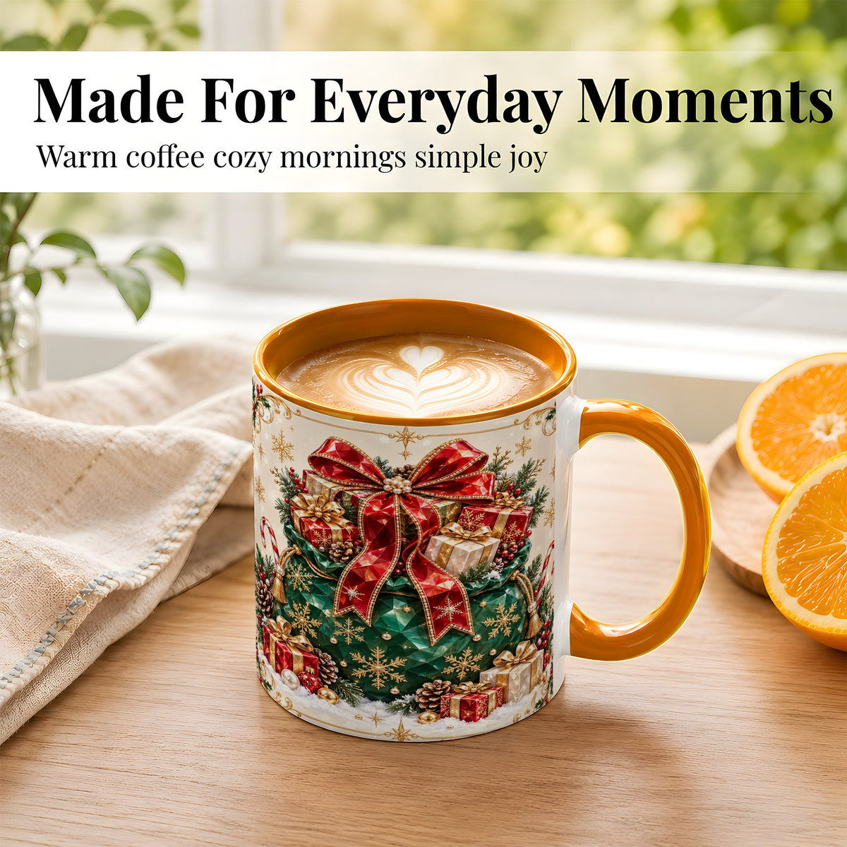 #pl[11oz|Orange] Christmas Present Sack Coffee Mug, Holiday Bow Mug, Ceramic Cup