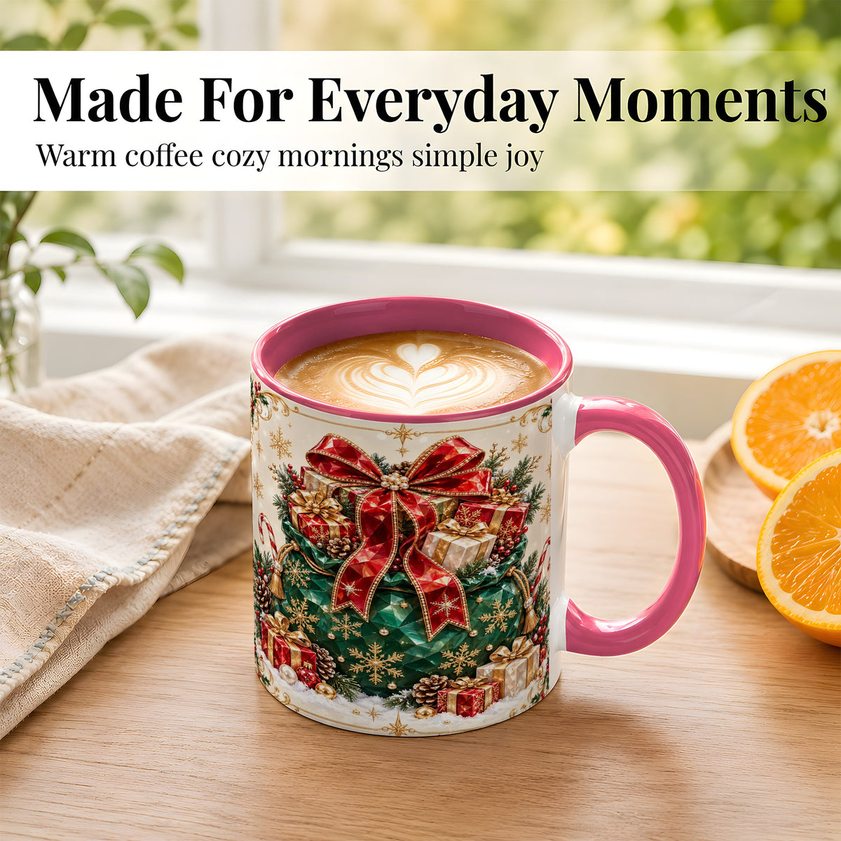 #pl[11oz|Pink] Christmas Present Sack Coffee Mug, Holiday Bow Mug, Ceramic Cup