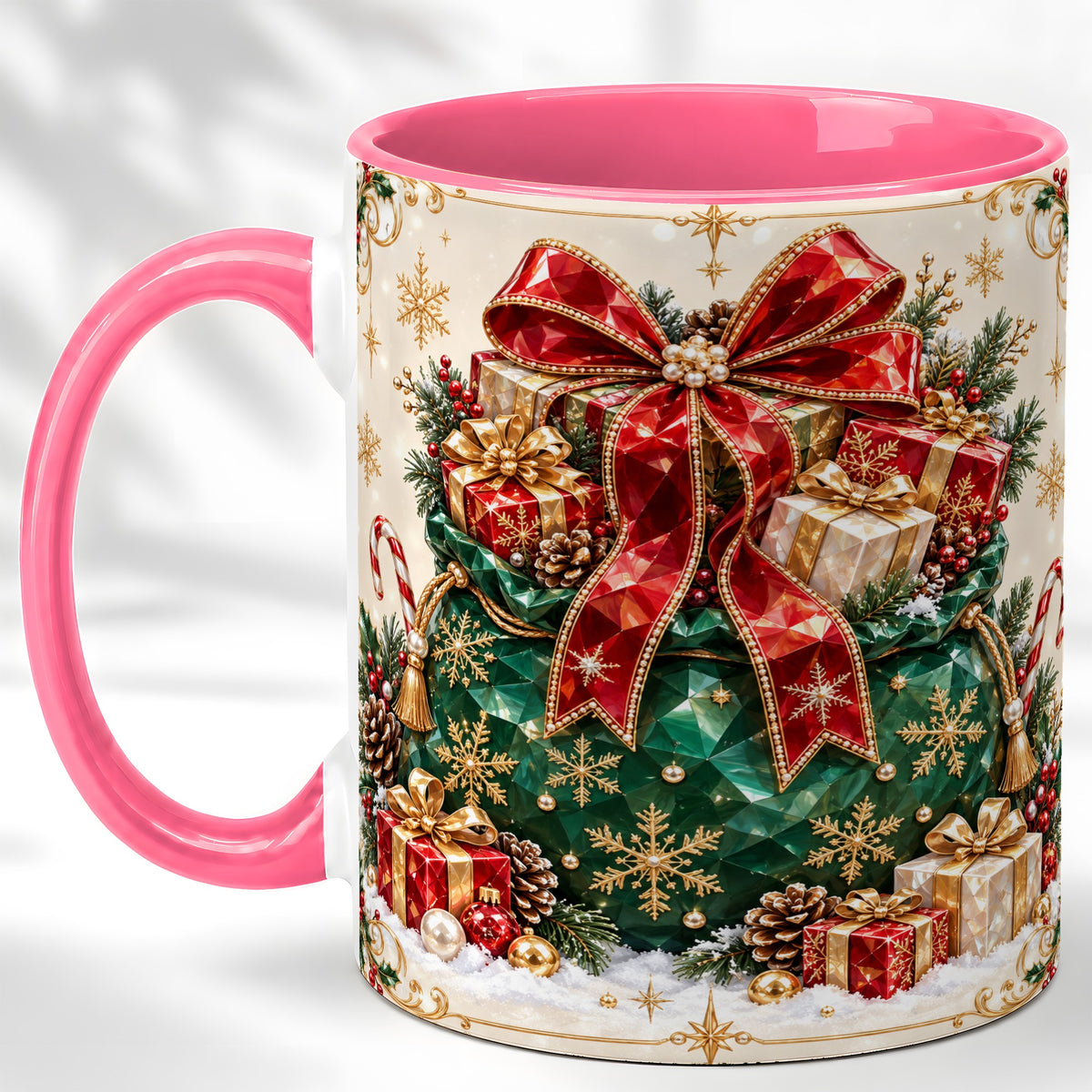 #pl[11oz|Pink] Christmas Present Sack Coffee Mug, Holiday Bow Mug, Ceramic Cup