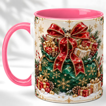 #pl[11oz|Pink] Christmas Present Sack Coffee Mug, Holiday Bow Mug, Ceramic Cup