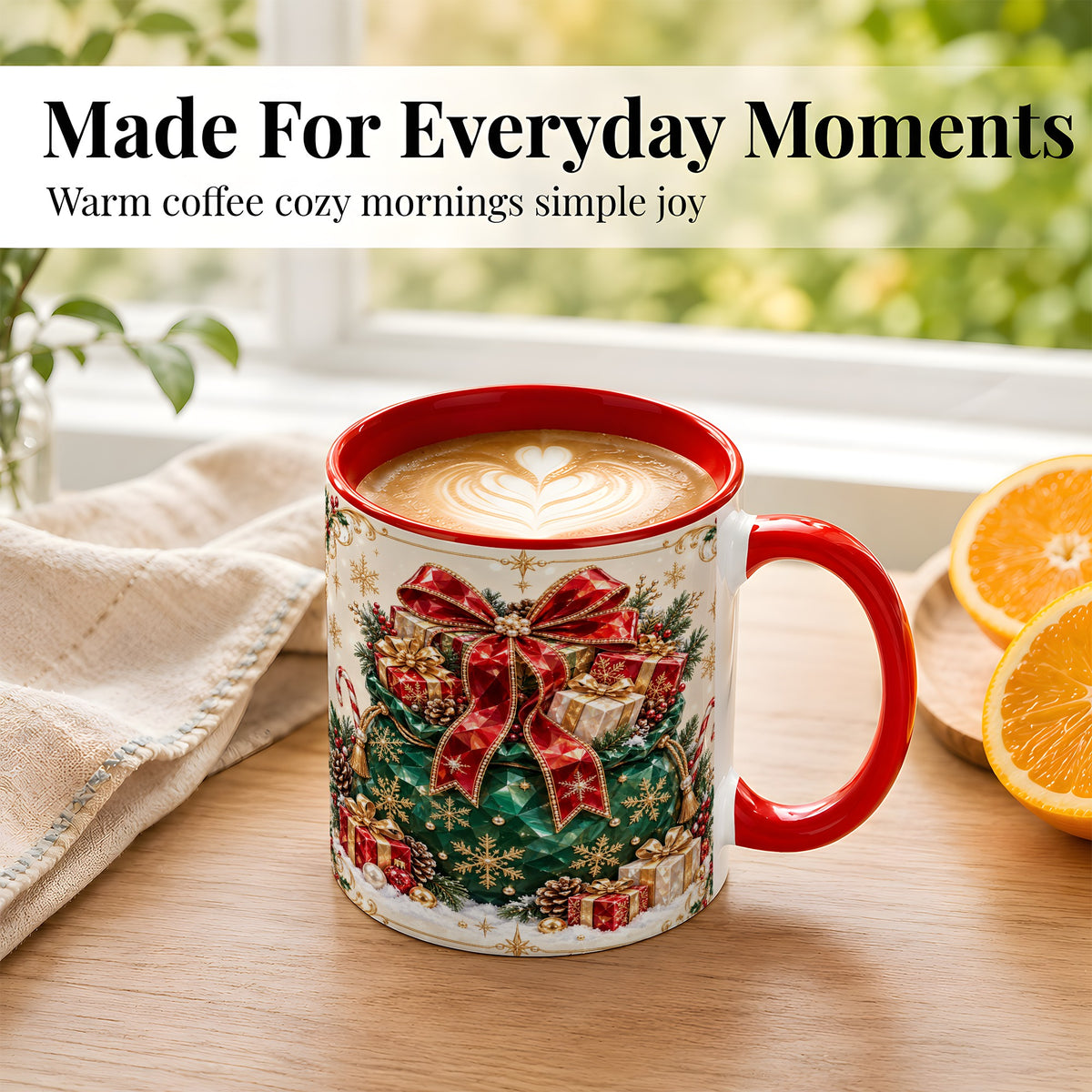 #pl[11oz|Red] Christmas Present Sack Coffee Mug, Holiday Bow Mug, Ceramic Cup
