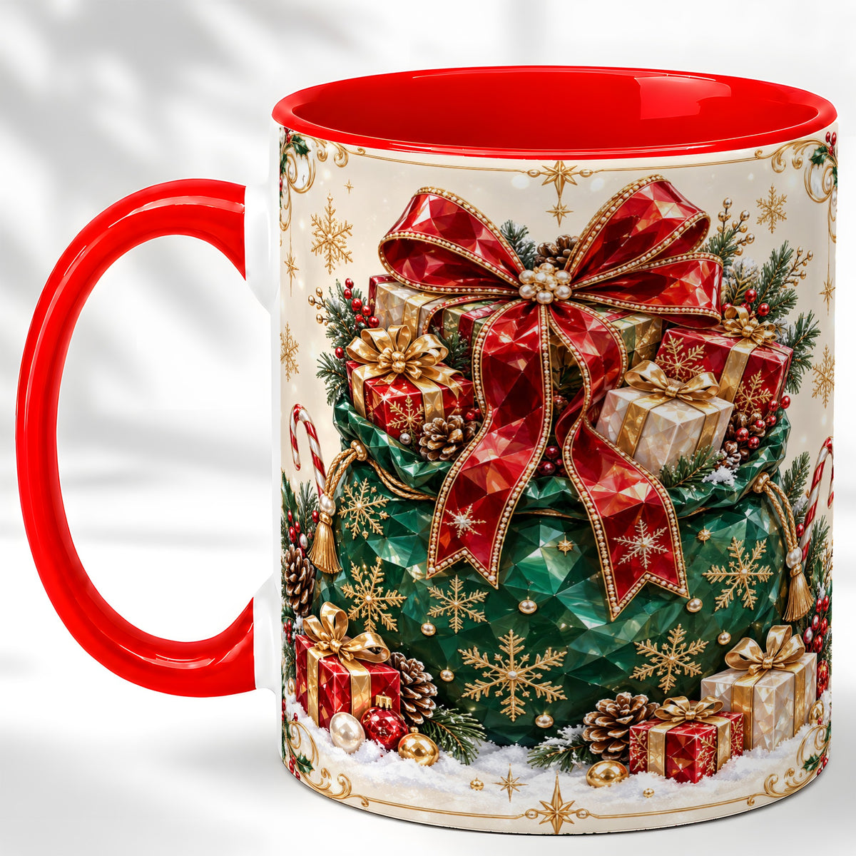 Christmas Present Sack Coffee Mug, Holiday Bow Mug, Ceramic Cup
