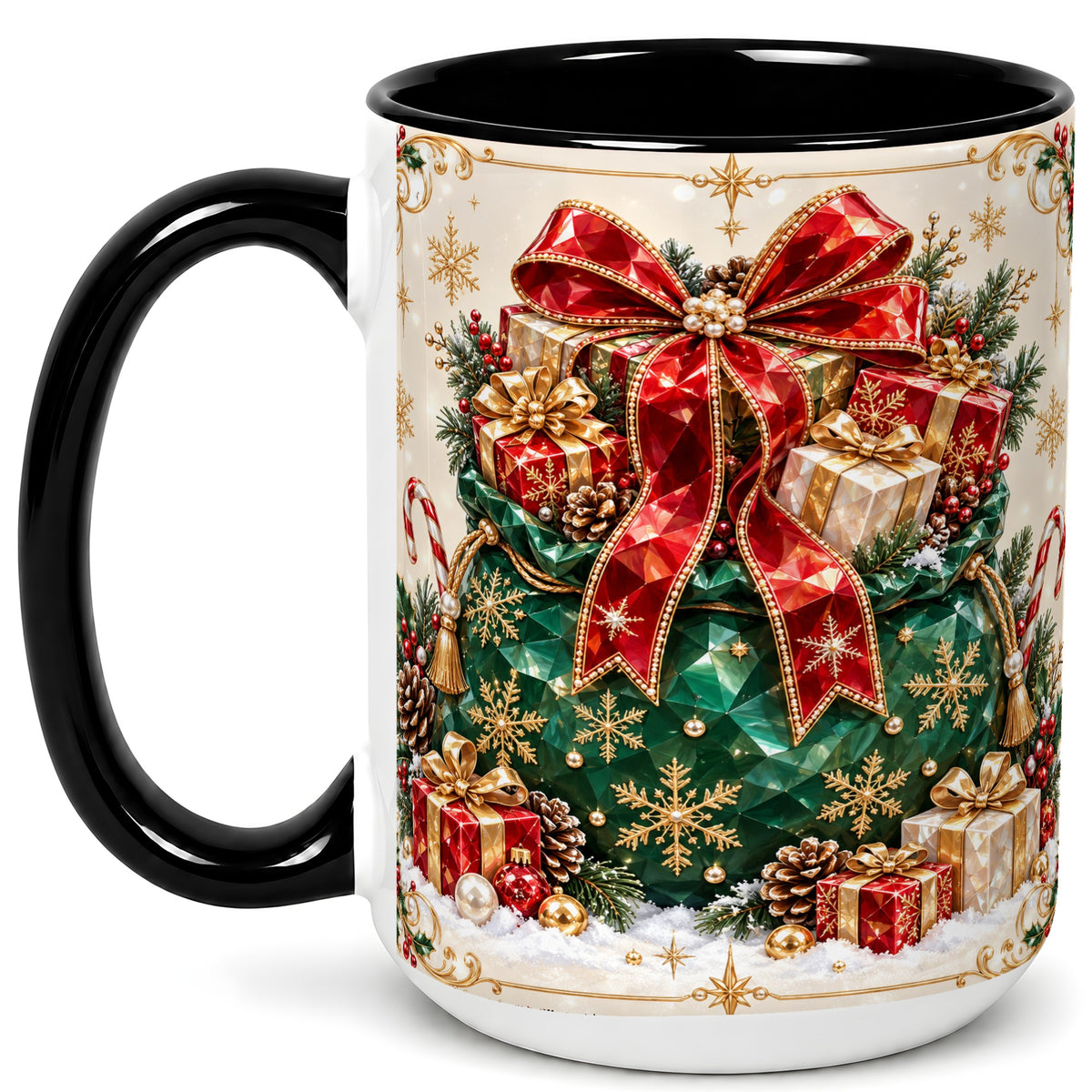 #pl[15oz|Black] Christmas Present Sack Coffee Mug, Holiday Bow Mug, Ceramic Cup