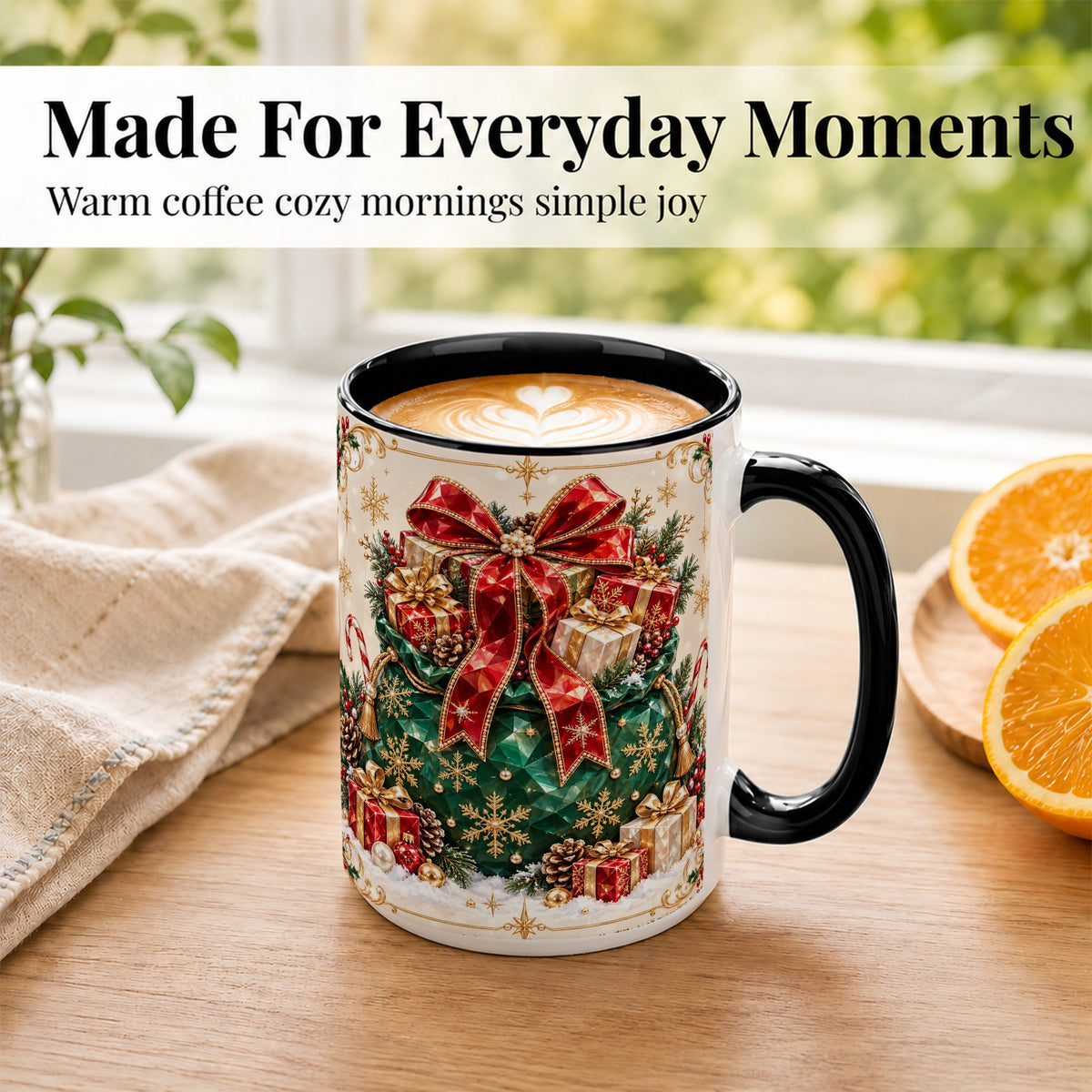 #pl[15oz|Black] Christmas Present Sack Coffee Mug, Holiday Bow Mug, Ceramic Cup