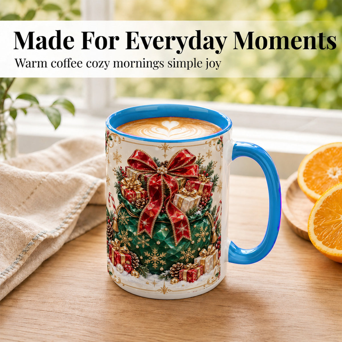 #pl[15oz|Blue] Christmas Present Sack Coffee Mug, Holiday Bow Mug, Ceramic Cup