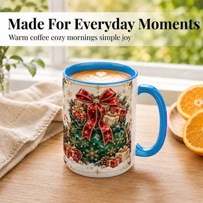 #pl[15oz|Blue] Christmas Present Sack Coffee Mug, Holiday Bow Mug, Ceramic Cup